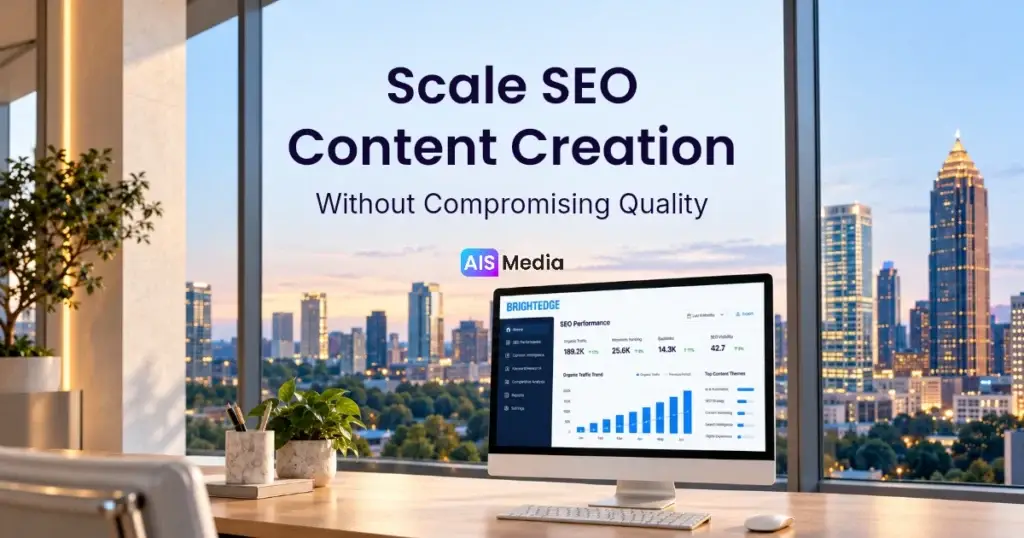 Scale SEO content creation without compromising quality, with BrightEdge reporting and the Atlanta skyline, by AIS Media.