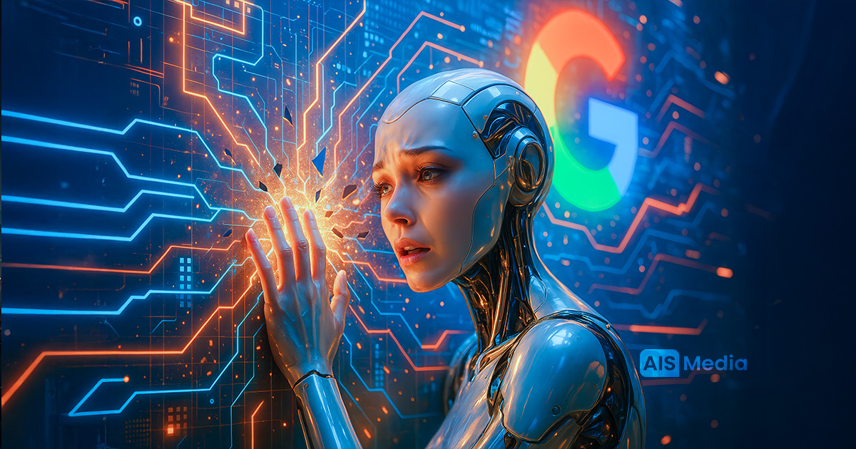 Photorealistic image of a female AI pressing against a glowing Google data wall symbolizing how Google cut off 90% of the internet from AI | AIS Media