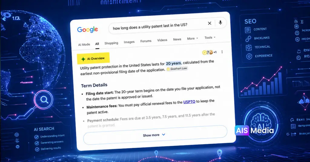 Google AI Overview answering a patent law question and citing Gearhart Law in a zero-click search result.