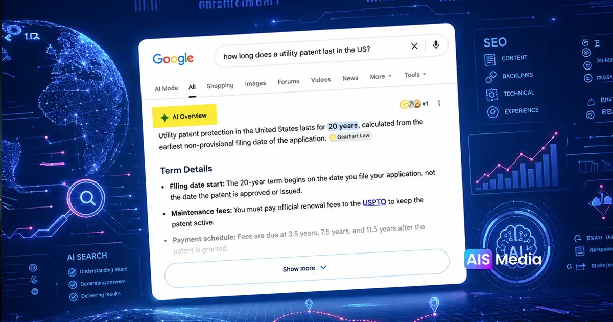 Google AI Overview answering a patent law question and citing Gearhart Law in a zero-click search result.