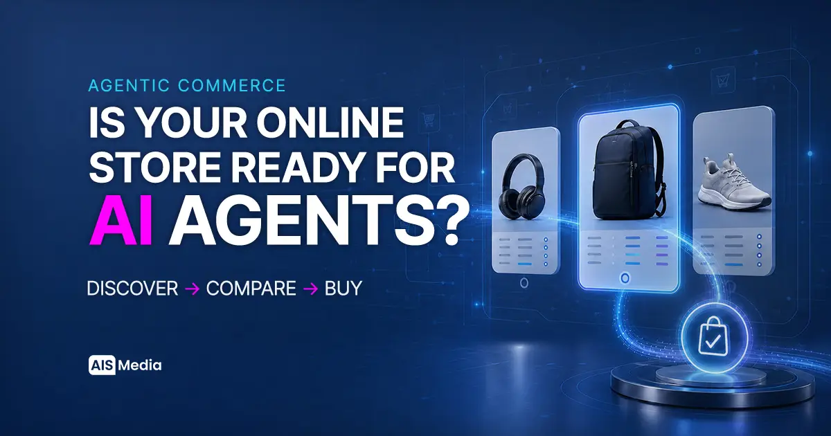 Agentic commerce illustration showing AI shopping agents evaluating products in an online store.