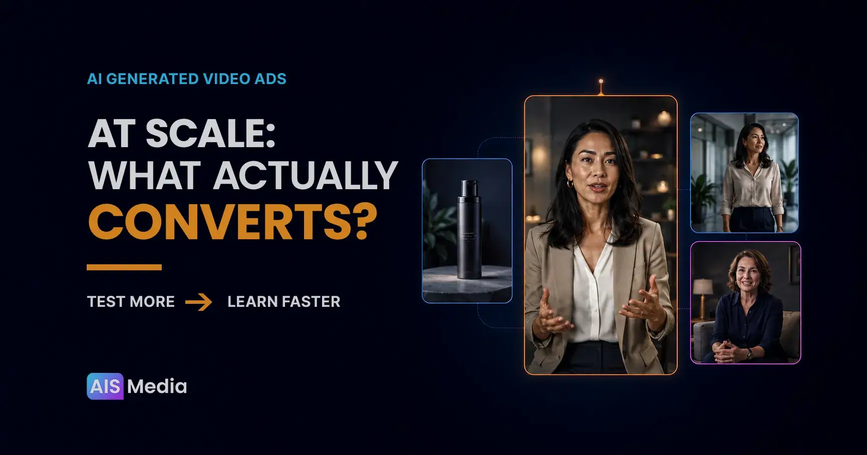 AI-generated video ad variations featuring creators and a product, illustrating testing at scale to identify what converts.