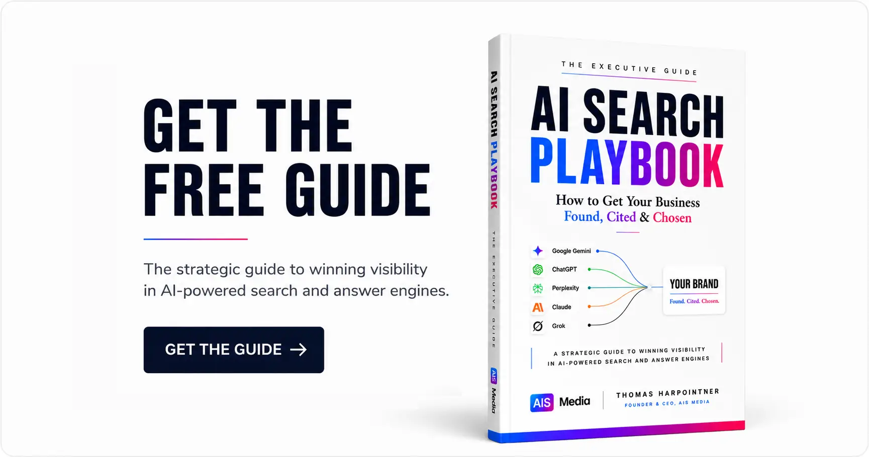 AI Search Playbook guide showing how businesses can improve visibility, earn citations, build authority and get found in AI-powered search. By Thomas Harpointner, CEO AIS Media.