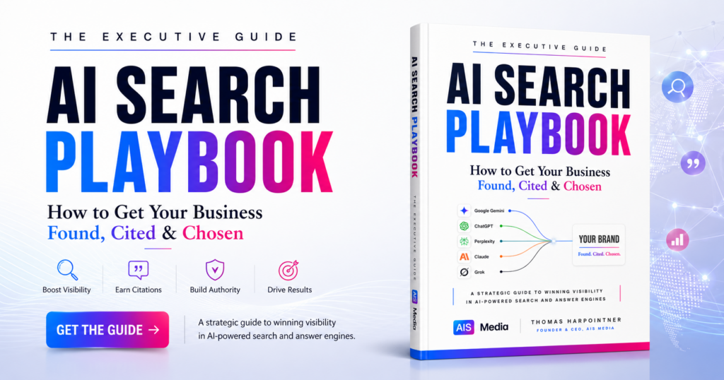 AI Search Playbook guide showing how businesses can improve visibility, earn citations, build authority and get found in AI-powered search.