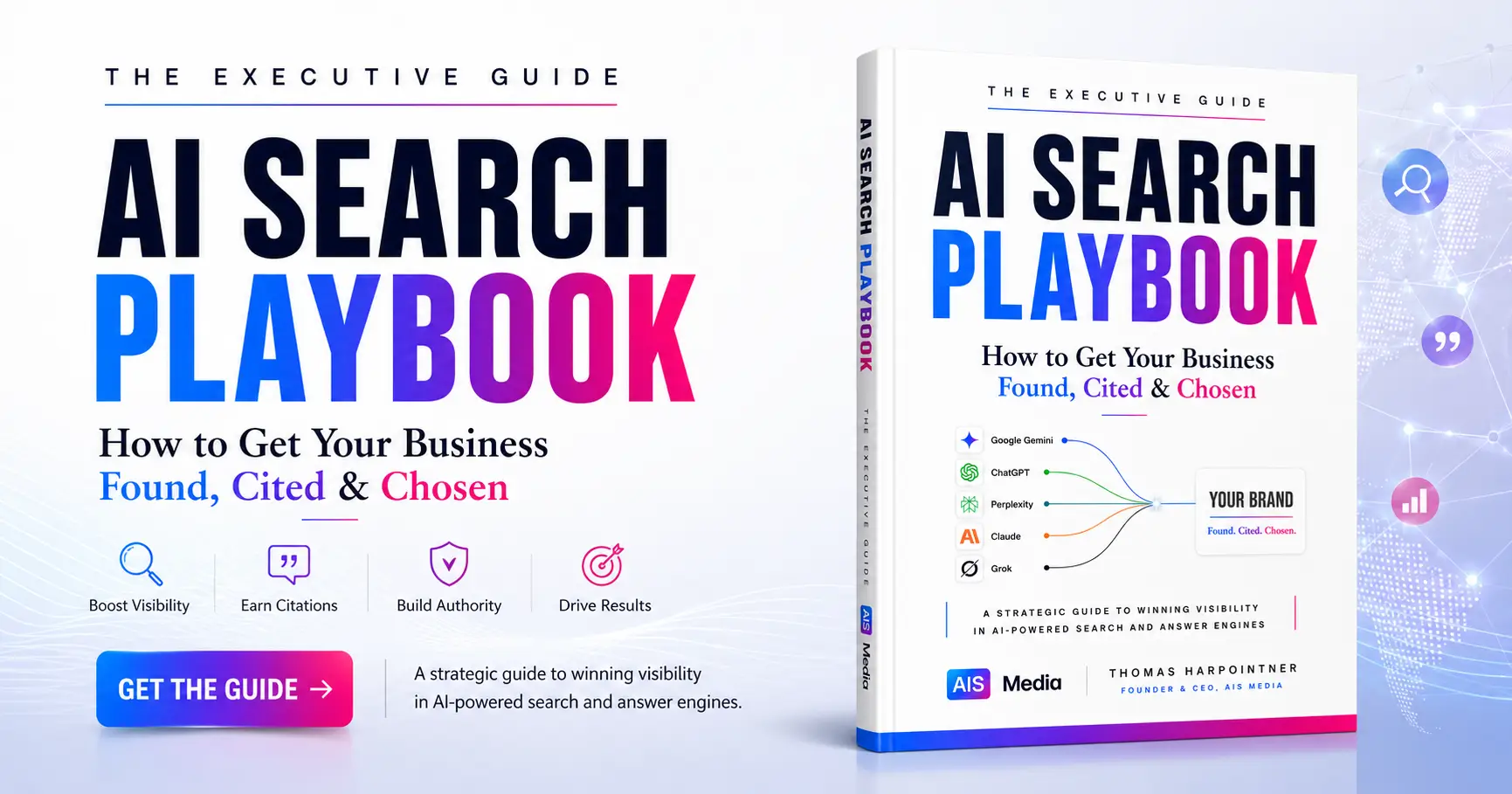 AI Search Playbook guide showing how businesses can improve visibility, earn citations, build authority and get found in AI-powered search.