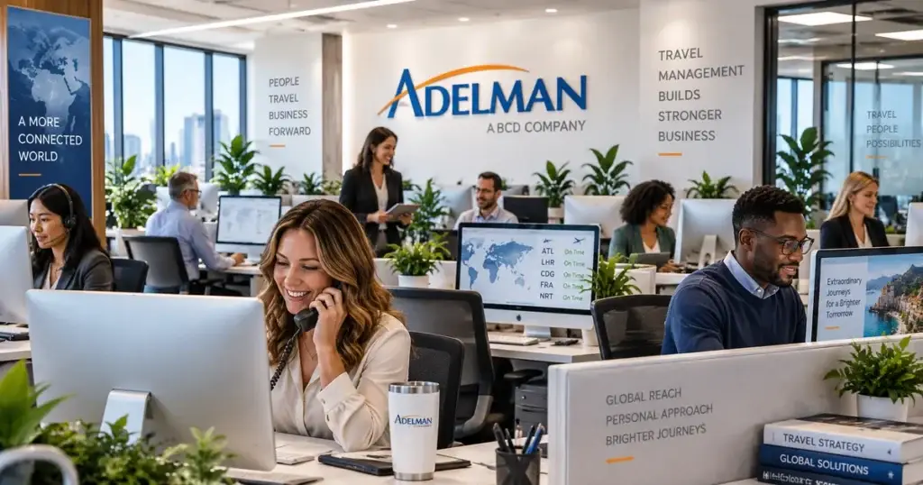 Adelman Travel corporate travel representatives serving business clients in a modern branded office | AIS Media digital marketing client case study