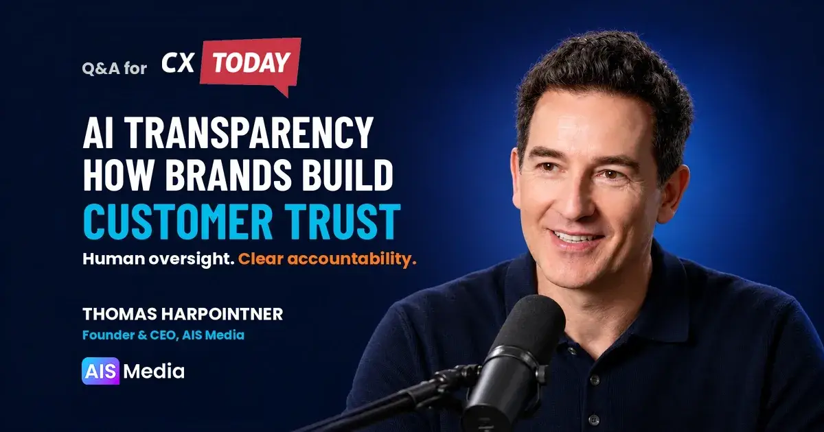 Thomas Harpointner of AIS Media speaking into a broadcast microphone about AI transparency, human oversight and customer trust.