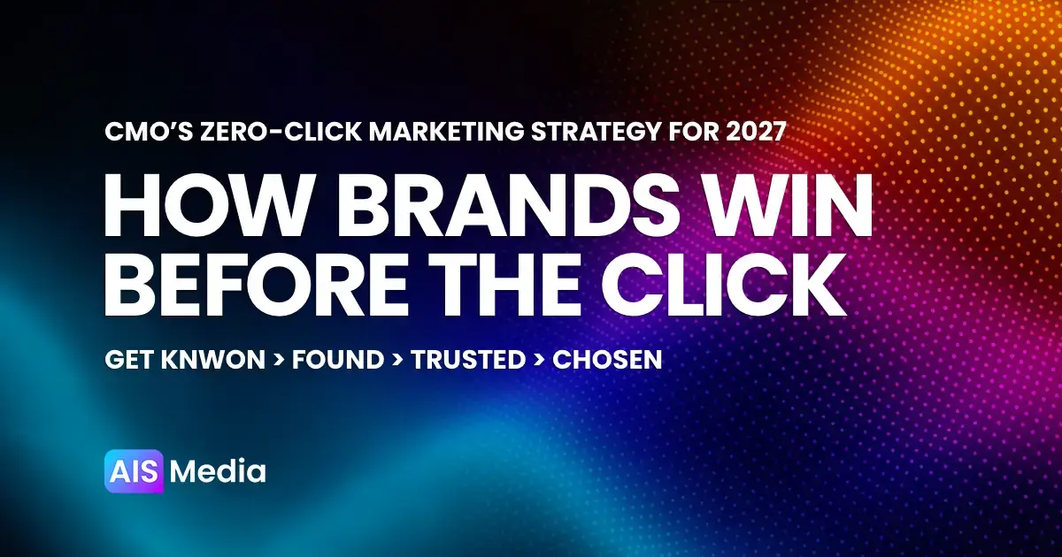 “Win Before the Click”: an executive reviews AI recommendations, with one result highlighted in orange, illustrating zero-click marketing.