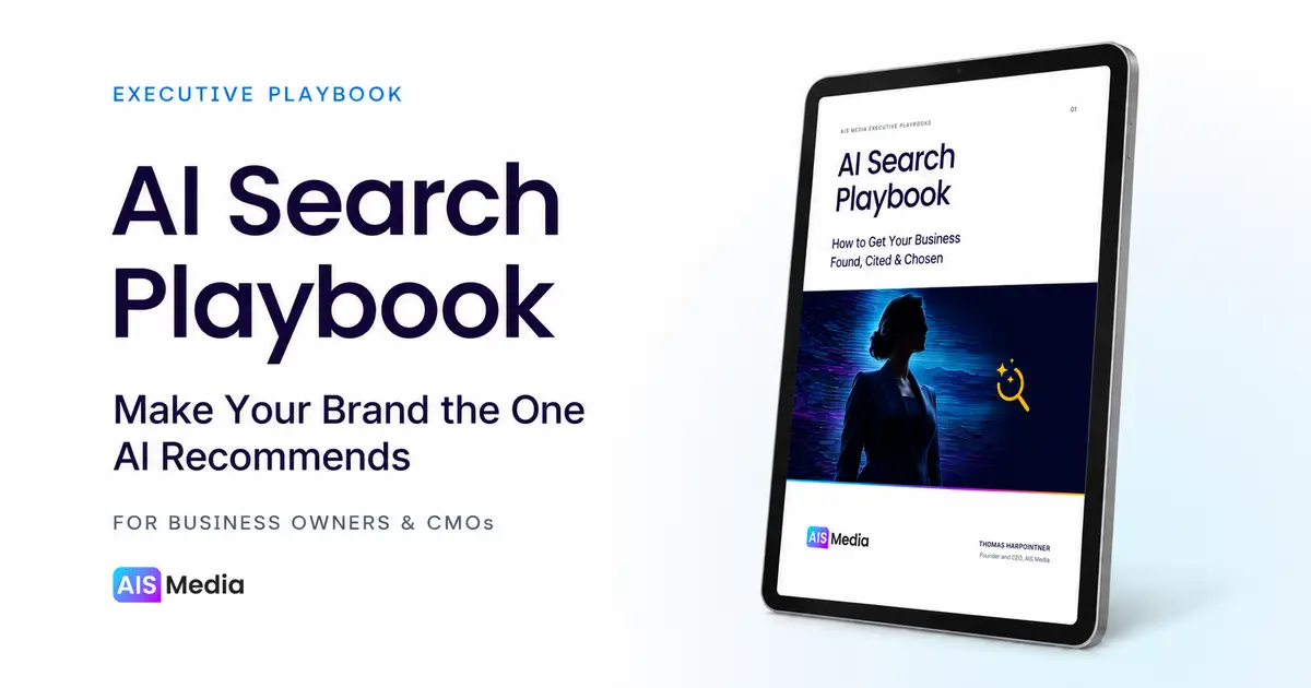 AI Search Playbook executive guide on an upright iPad beside Make Your Brand the One AI Recommends, with the official AIS Media signature logo.