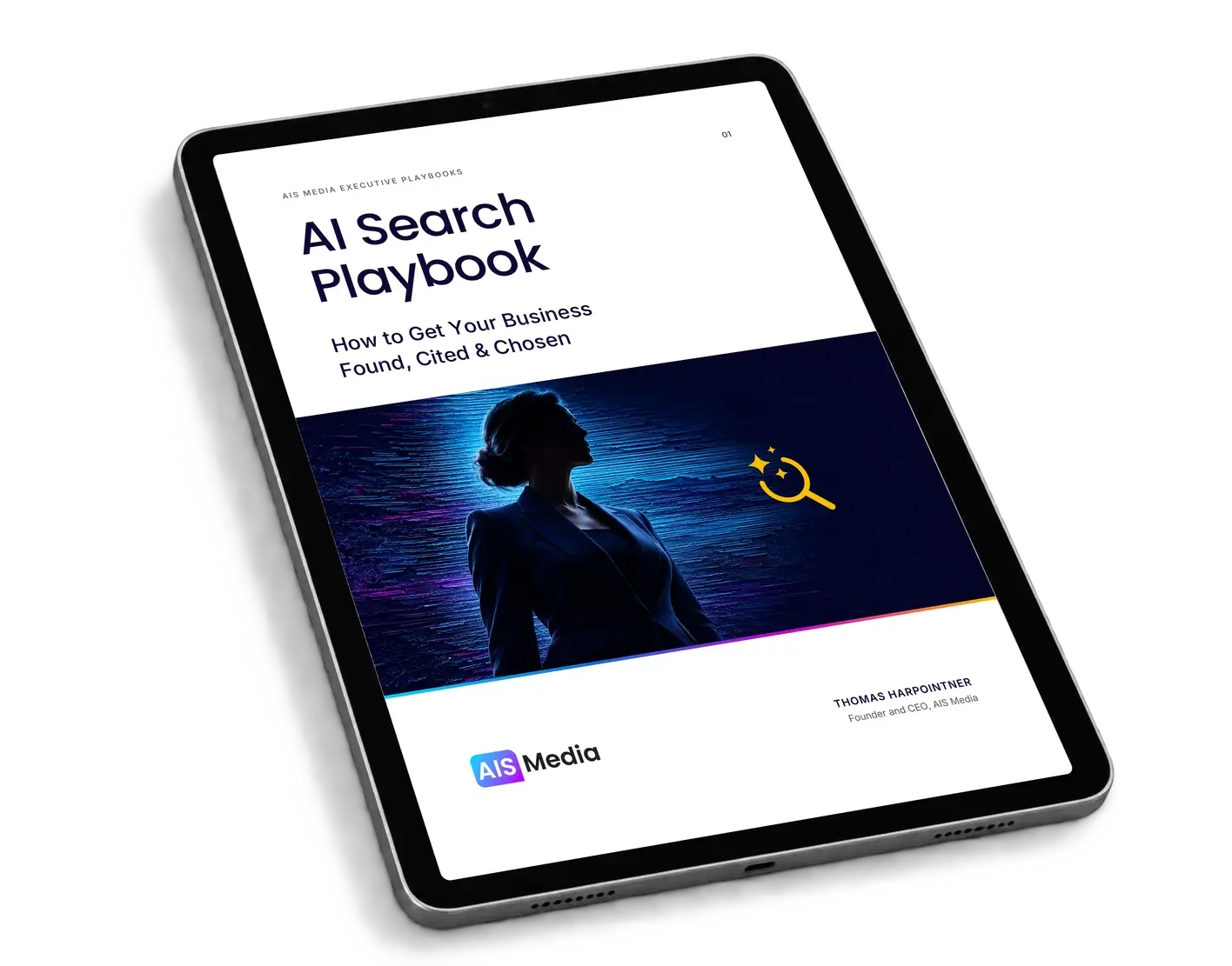 AI Search Playbook displayed on a reclining iPad with the updated cover.