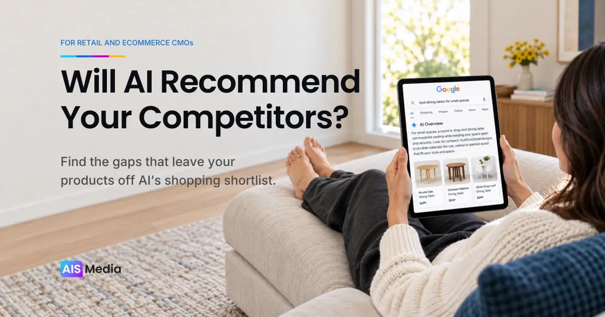 Shopper reviewing illustrative Google AI Overview product recommendations on an iPad, showing the challenge of retail product visibility.