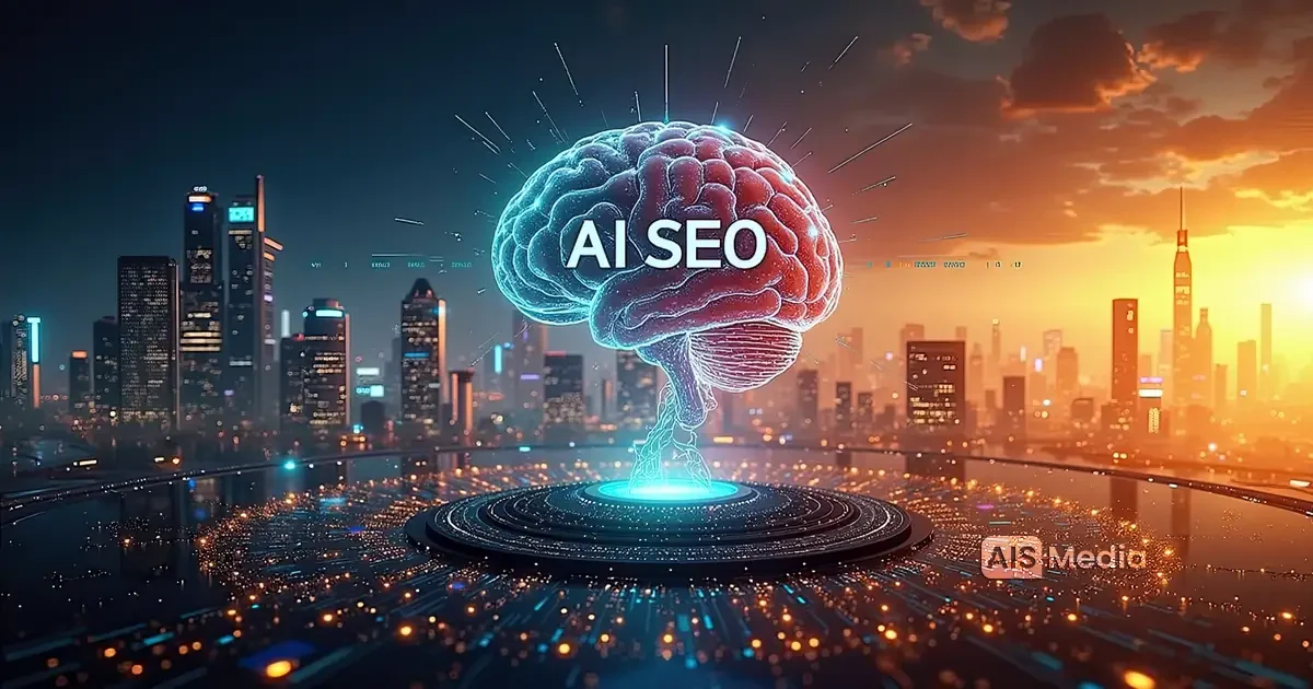 AI search optimization visual showing AI SEO brain concept with AIS Media logo, representing AEO and GEO strategies