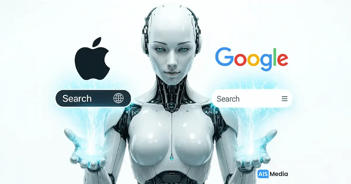 Apple vs. Google AI Search battle visualized through a humanoid AI robot powering both platforms—created by AIS Media to illustrate how AI search is reshaping digital marketing