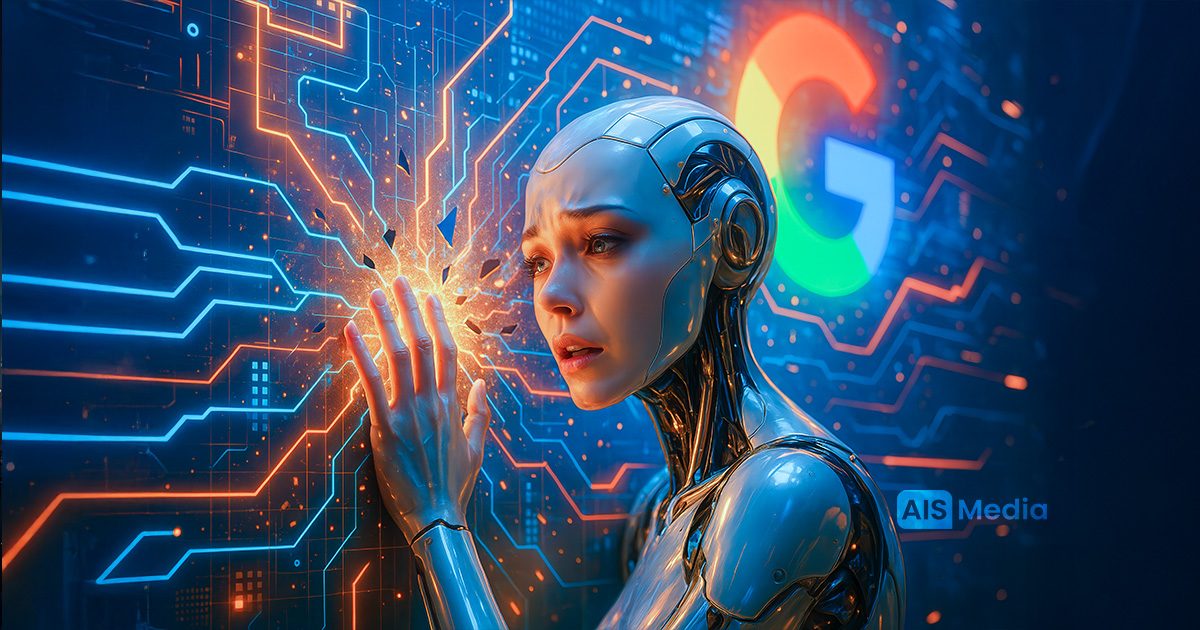 Photorealistic image of a female AI pressing against a glowing Google data wall symbolizing how Google cut off 90% of the internet from AI | AIS Media